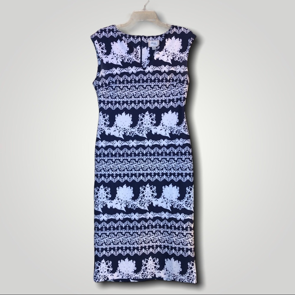 BEIGE by eci sleeveless sheath dress blu & white M